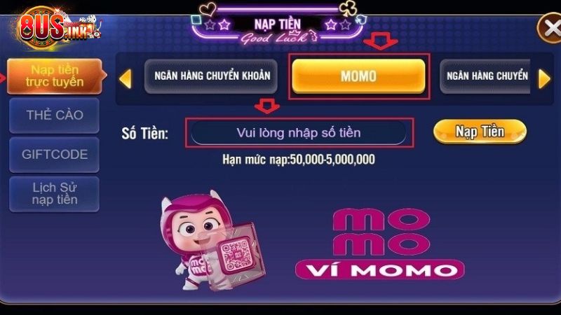 Chia sẻ thao tác nạp tiền 8US qua ví Momo Chia sẻ thao tác nạp tiền 8US qua ví Momo